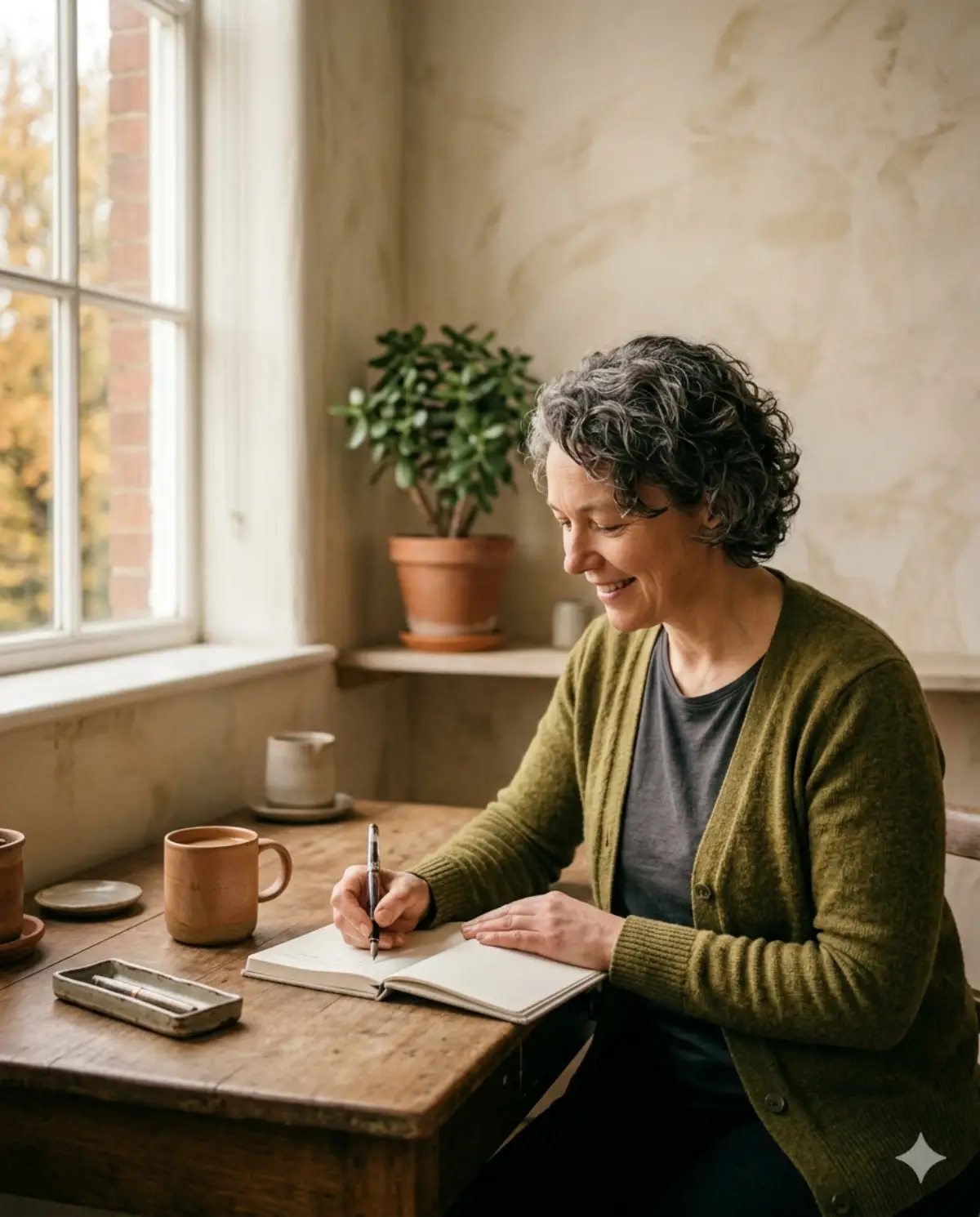 A person at a simple desk writing a note next to a cup of coffee in warm morning light.