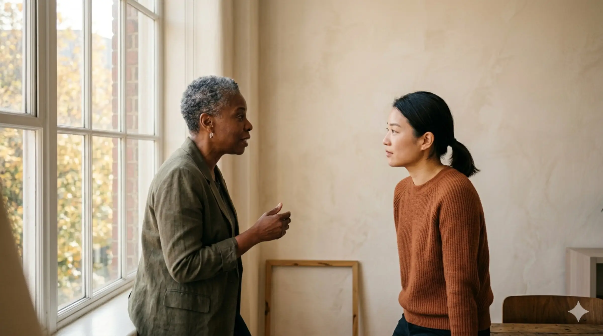 Two colleagues mid-conversation beside a window, engaged and listening.