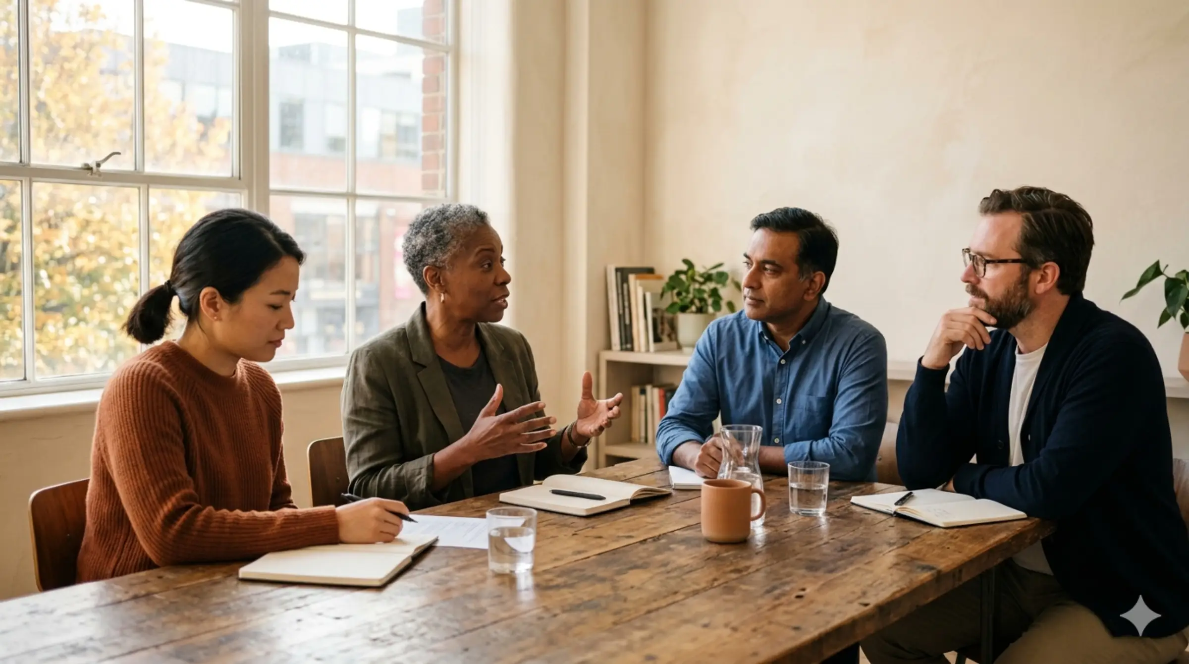 A small leadership team in conversation around a wood table in a warm, sunlit office.
