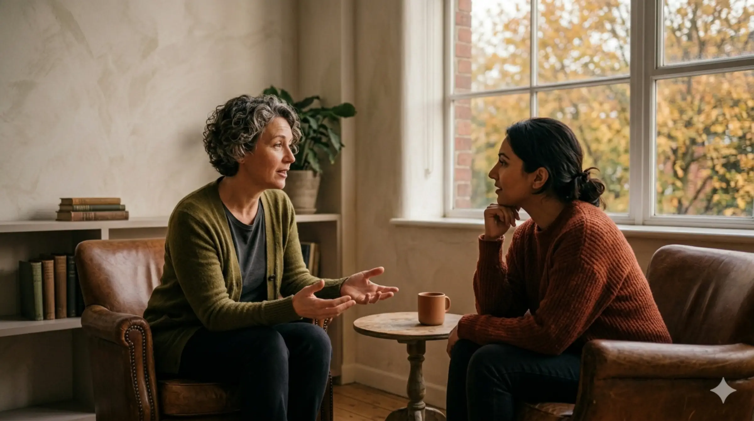 A leader and a team member in a candid one-on-one conversation, leaning in.