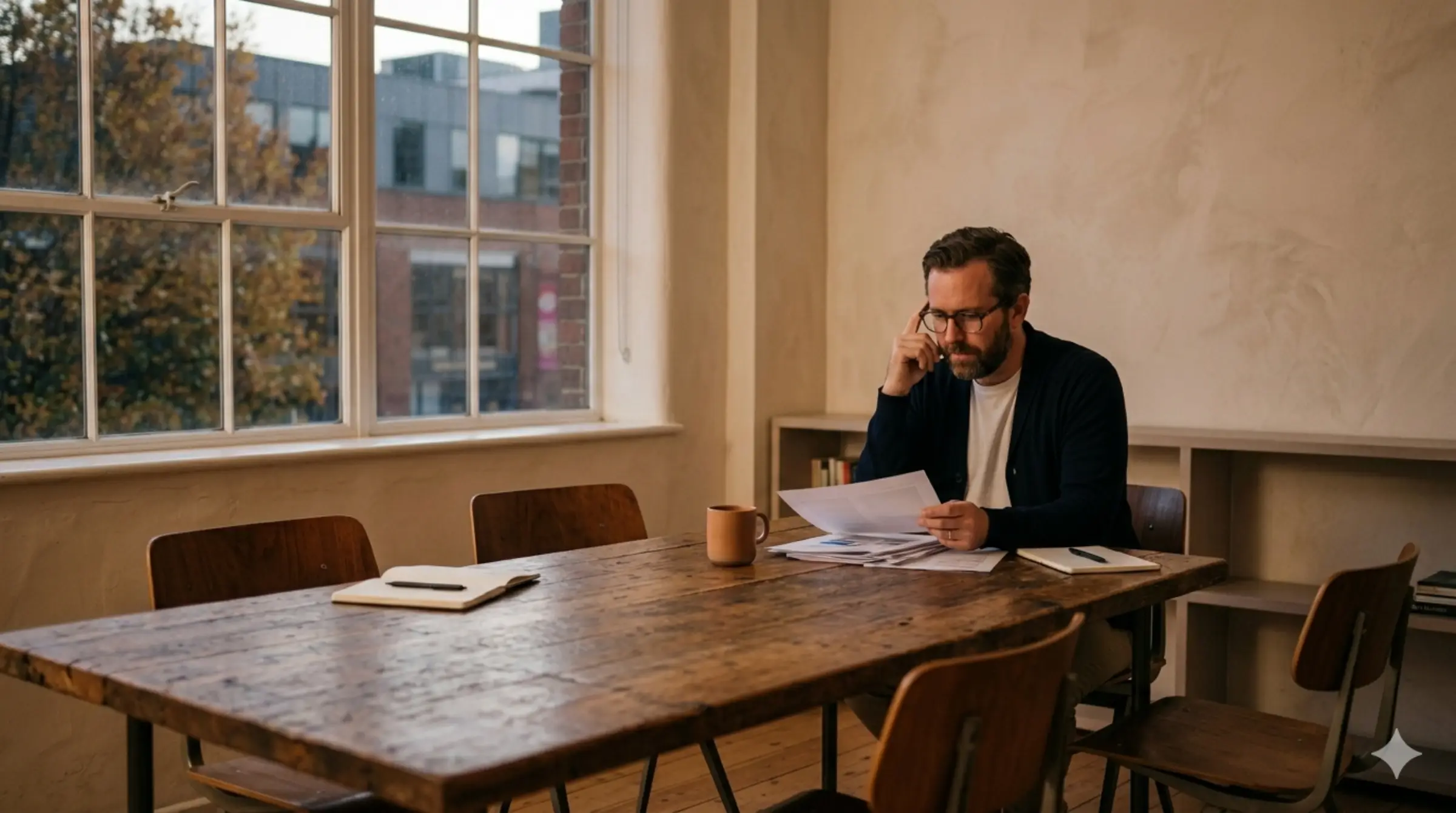 A manager sitting alone in a quiet meeting room reviewing a printed report at the end of the day.